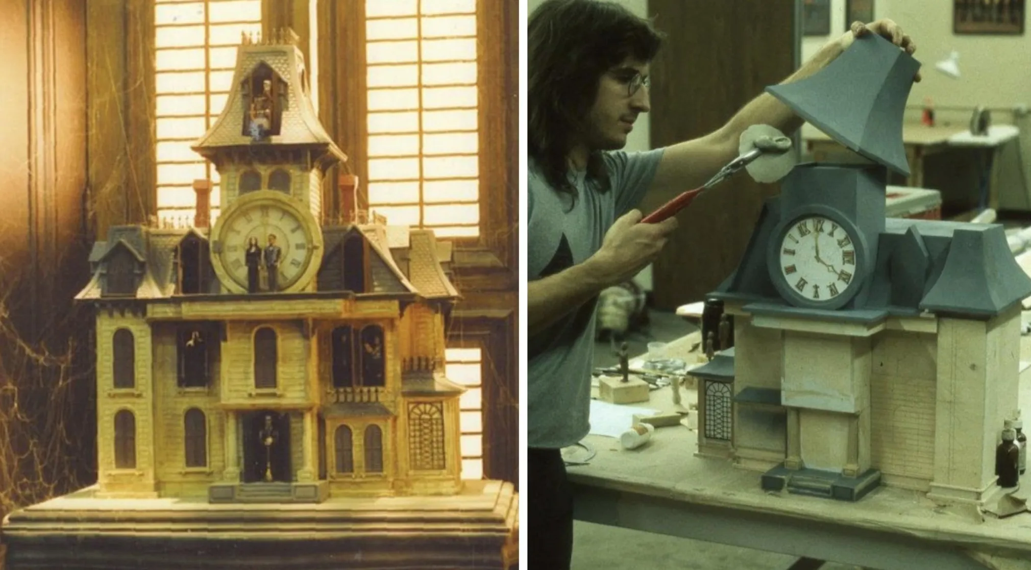 Behind the scenes of an 80s & 90s movie, a miniature house with a clock face and figures is being crafted by hand.