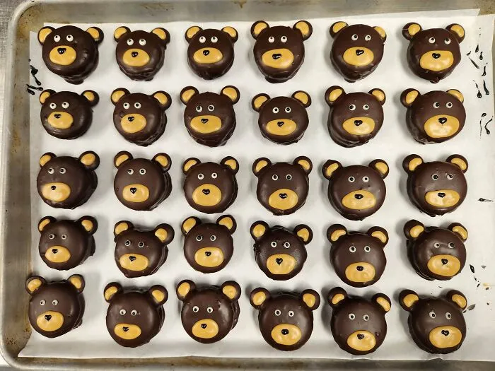 A tray full of cute bear-shaped treats, showcasing delicious baking skills.