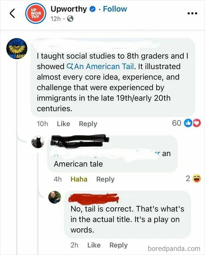 An iconic self-burn from a social media post where someone misunderstands 'An American Tail' as 'An American Tale,' illustrating stupidity.