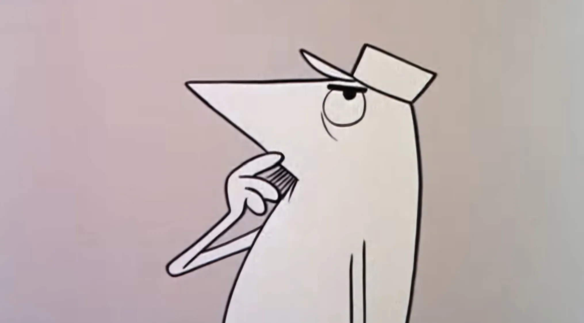 A white character from Saturday Morning Cartoons with a long nose, wearing a hat, holding something to his chin.