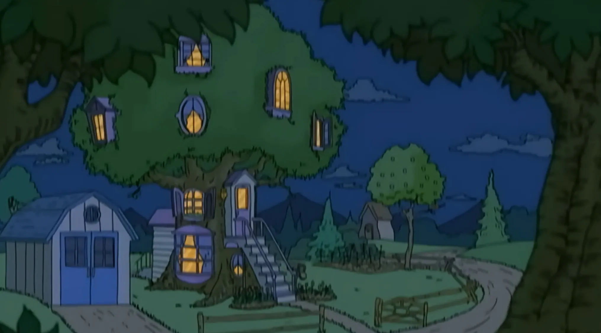 A still image of a lit treehouse at night from a Saturday morning cartoon.