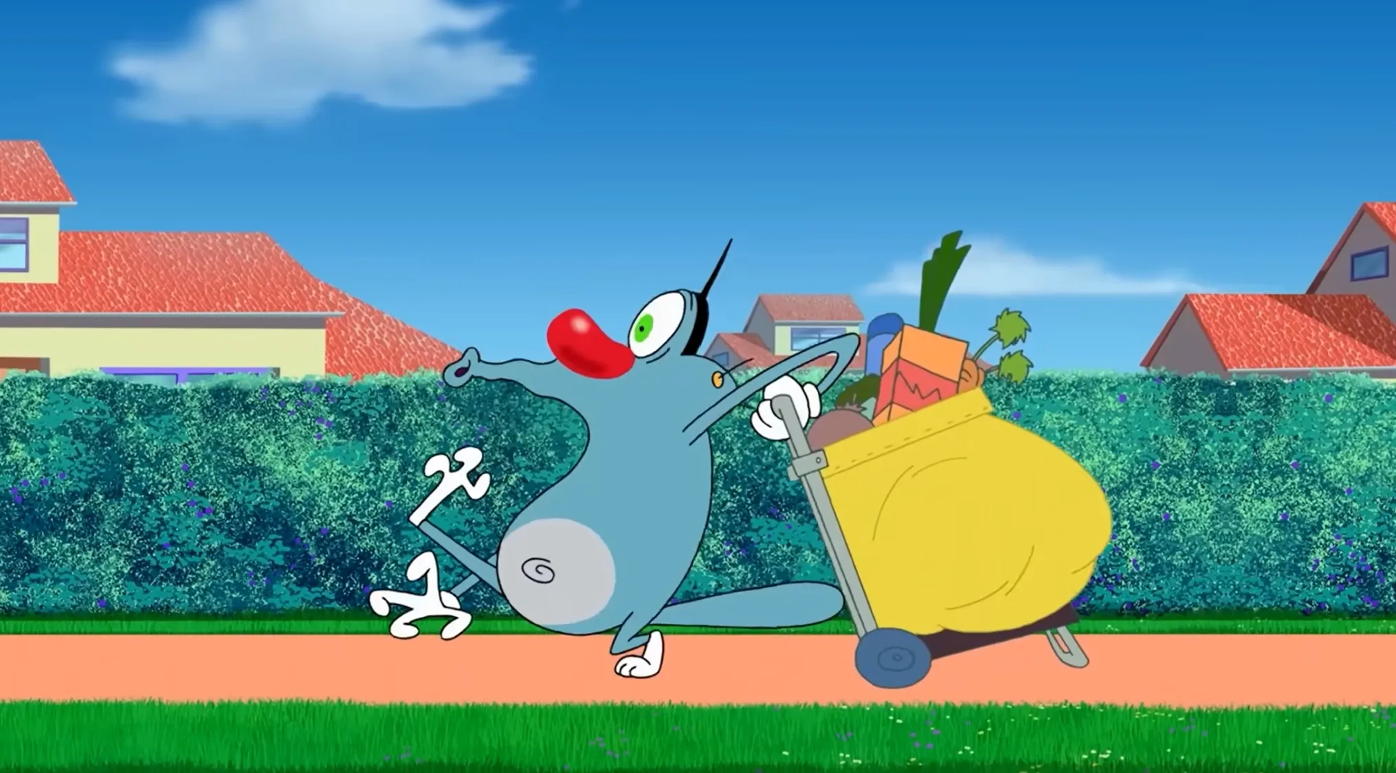 A blue cat cartoon character from Saturday Morning Cartoons with a red nose pushes a yellow cart full of items.
