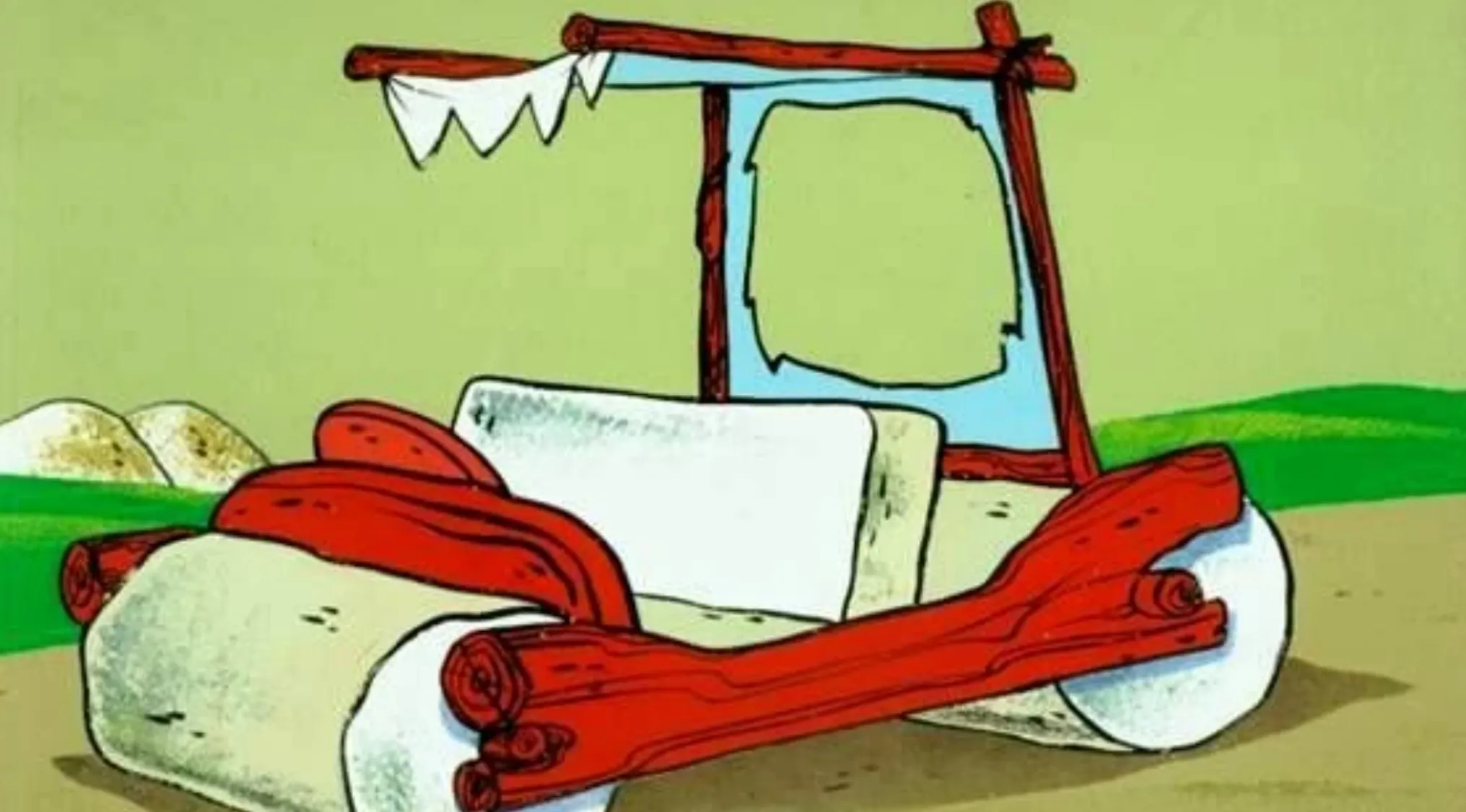The iconic Flintmobile from Saturday Morning Cartoons, a stone age car, stands still.
