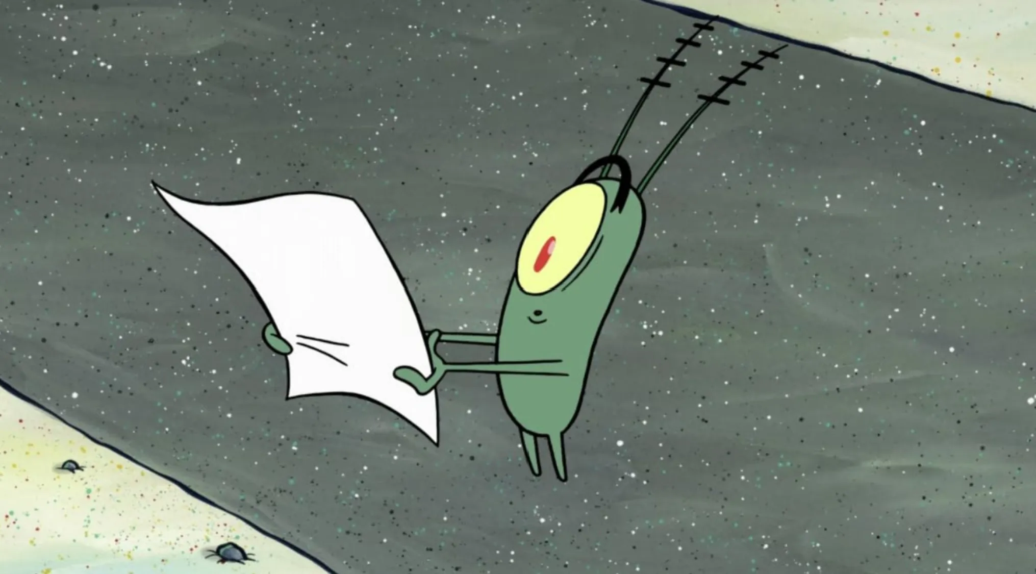 Animated character Plankton from Saturday Morning Cartoons, from SpongeBob SquarePants, shown reading a paper.