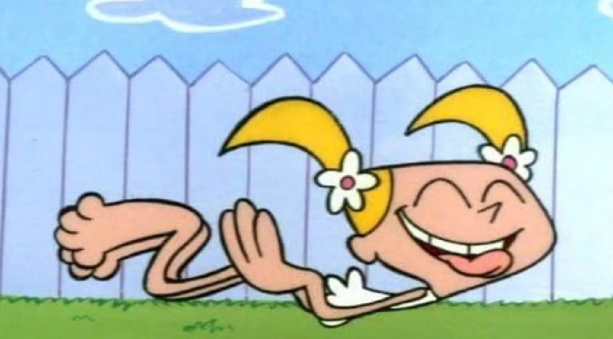 Dee Dee from Dexter's Laboratory laughing while lying on the grass, a classic Saturday Morning Cartoon.