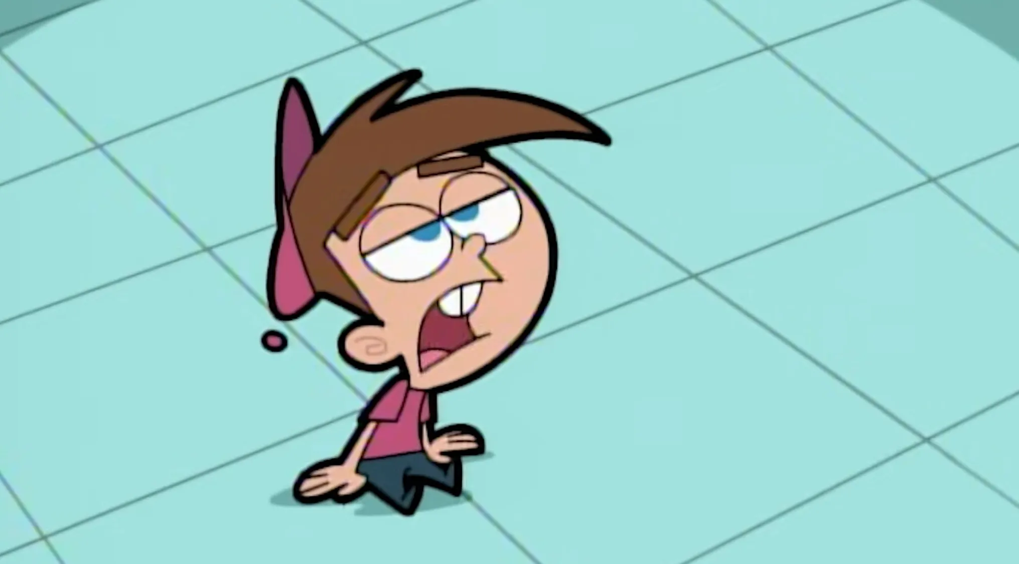 An animated boy with a pink hat and brown hair, wide-eyed and mouth open, looking surprised. Which show?