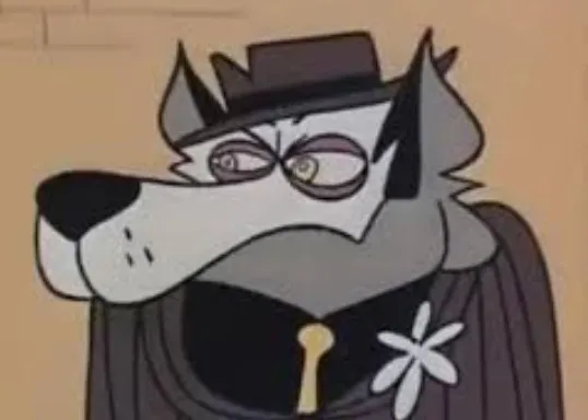 An animated grey wolf wearing a fedora and suit, looking sinister. He is the nemesis of Underdog.