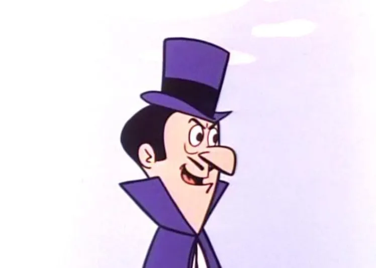 A cartoon character named Quick Draw McGraw wearing a purple top hat and cape, with a mischievous grin.