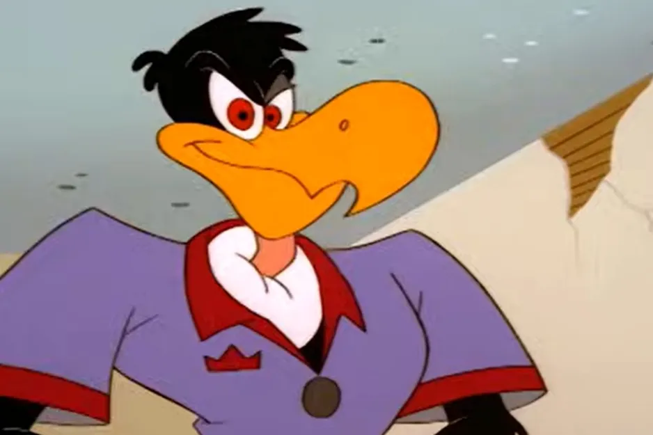 Woody Woodpecker's nemesis, a black bird with a large orange beak, red eyes, and a purple shirt.