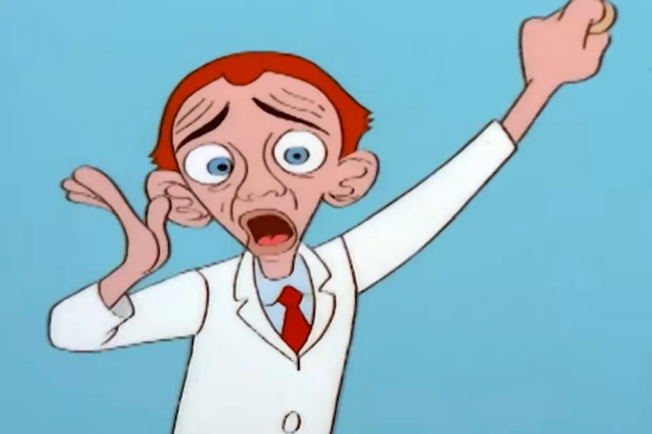 A cartoon scientist looking scared, Woody Woodpecker's nemesis is shown.