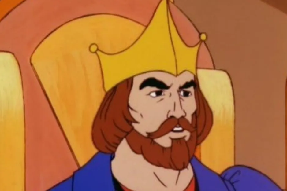 A cartoon king with a golden crown and beard, wearing a blue robe, not He-Man.