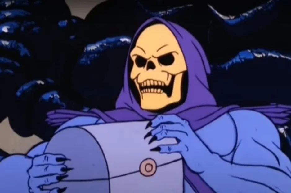 A cartoon image of Skeletor holding a box, asking to identify the character from He-Man.