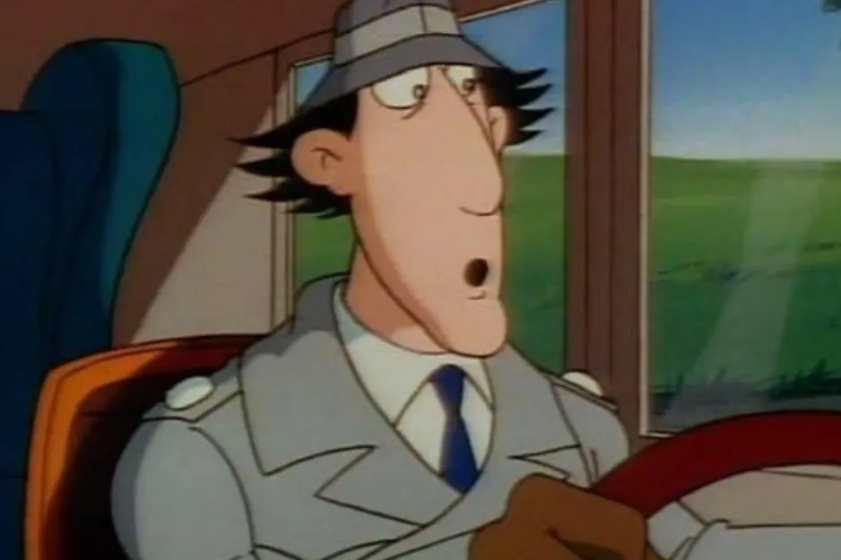 A cartoon character in a grey trench coat and fedora, driving, with a surprised expression. Which character?