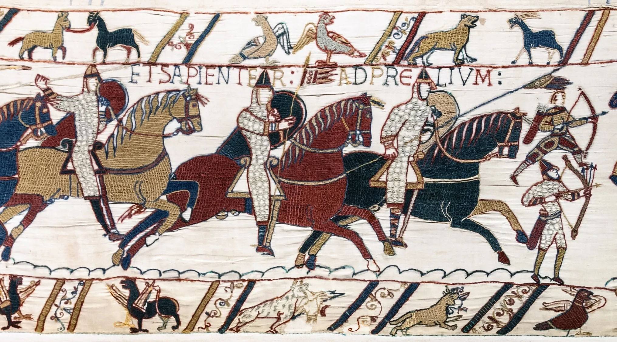 Bayeux Tapestry depicting soldiers and horses, providing historical context for the Battle of Hastings history.