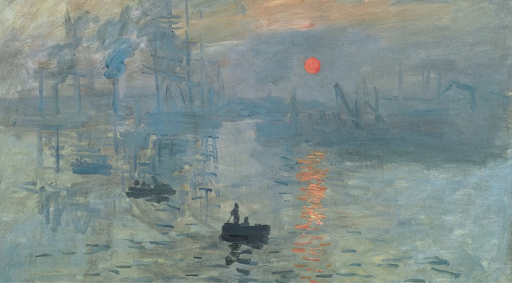Impression, Sunrise by Claude Monet, showing boats and an orange sun over a hazy harbor. A classic example of Impressionist Art.