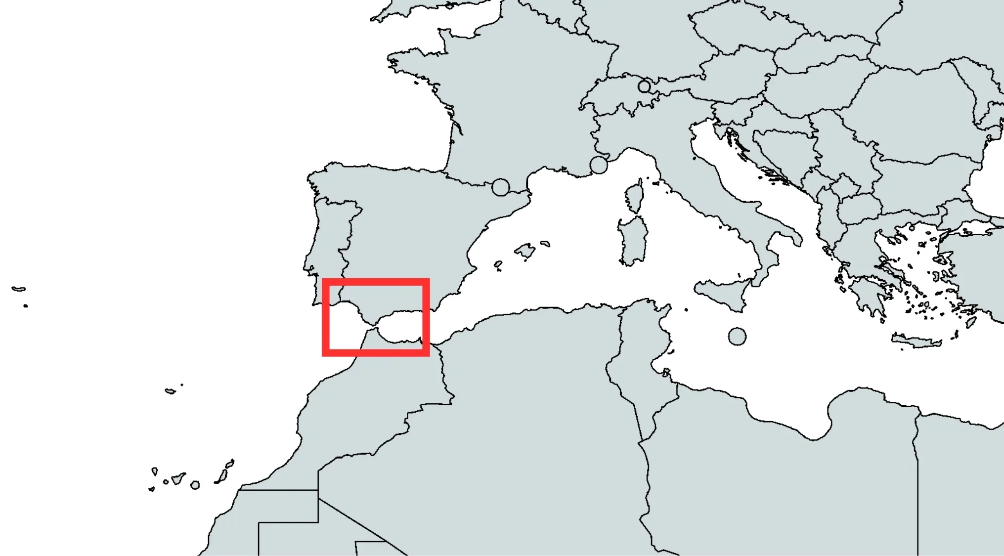 A simple geography map of Europe and North Africa, with a red box highlighting the Strait of Gibraltar area.