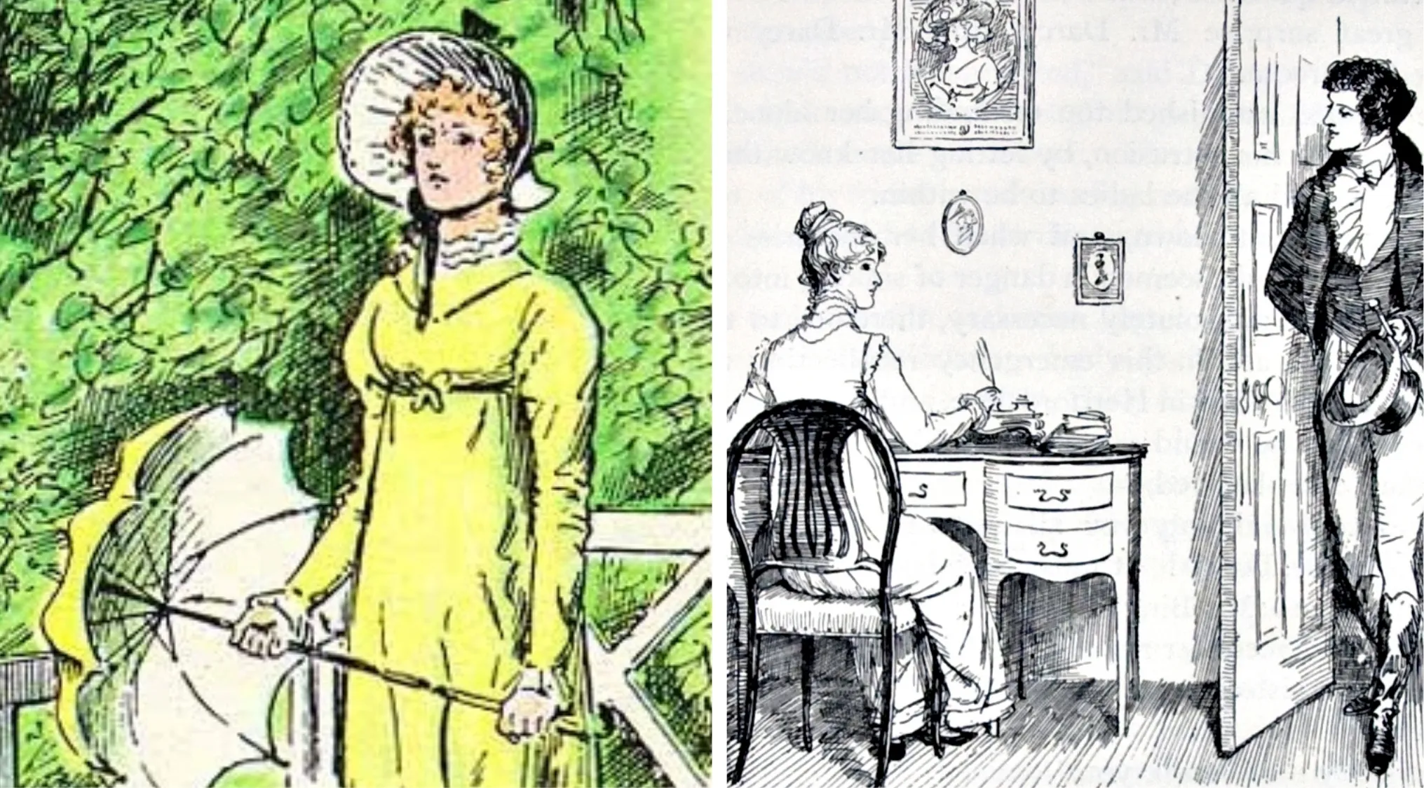 A split image: a woman in a yellow dress with an umbrella in a garden, and a woman at a desk with a man entering. Literature. School Questions. Elizabeth Bennet.