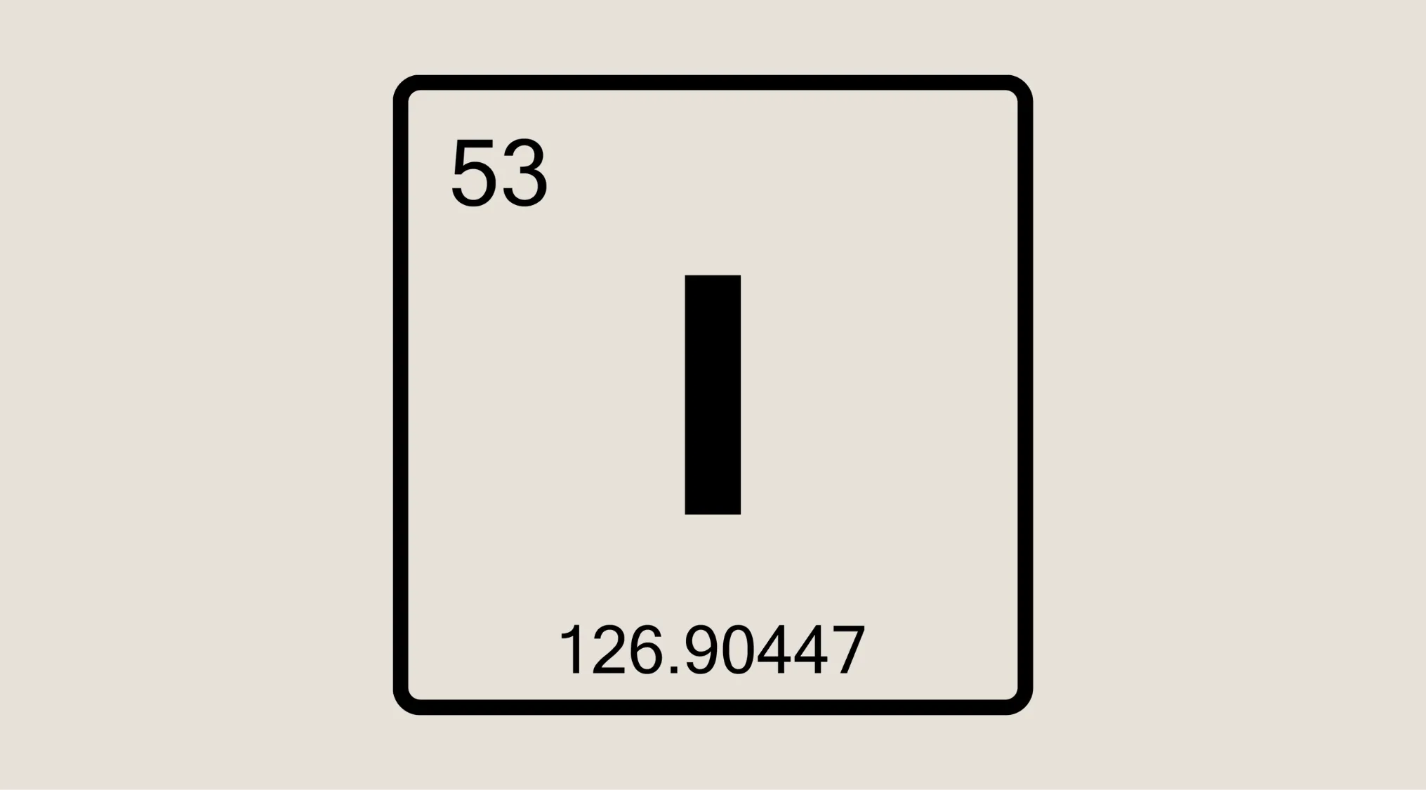 Periodic table element box for I (Iodine), atomic number 53, and atomic mass 126.90447, for chemistry education.