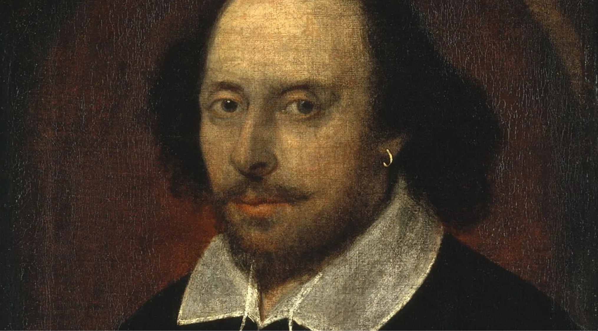 A portrait of Shakespeare, with a beard, mustache, and a gold hoop earring, for literature questions.