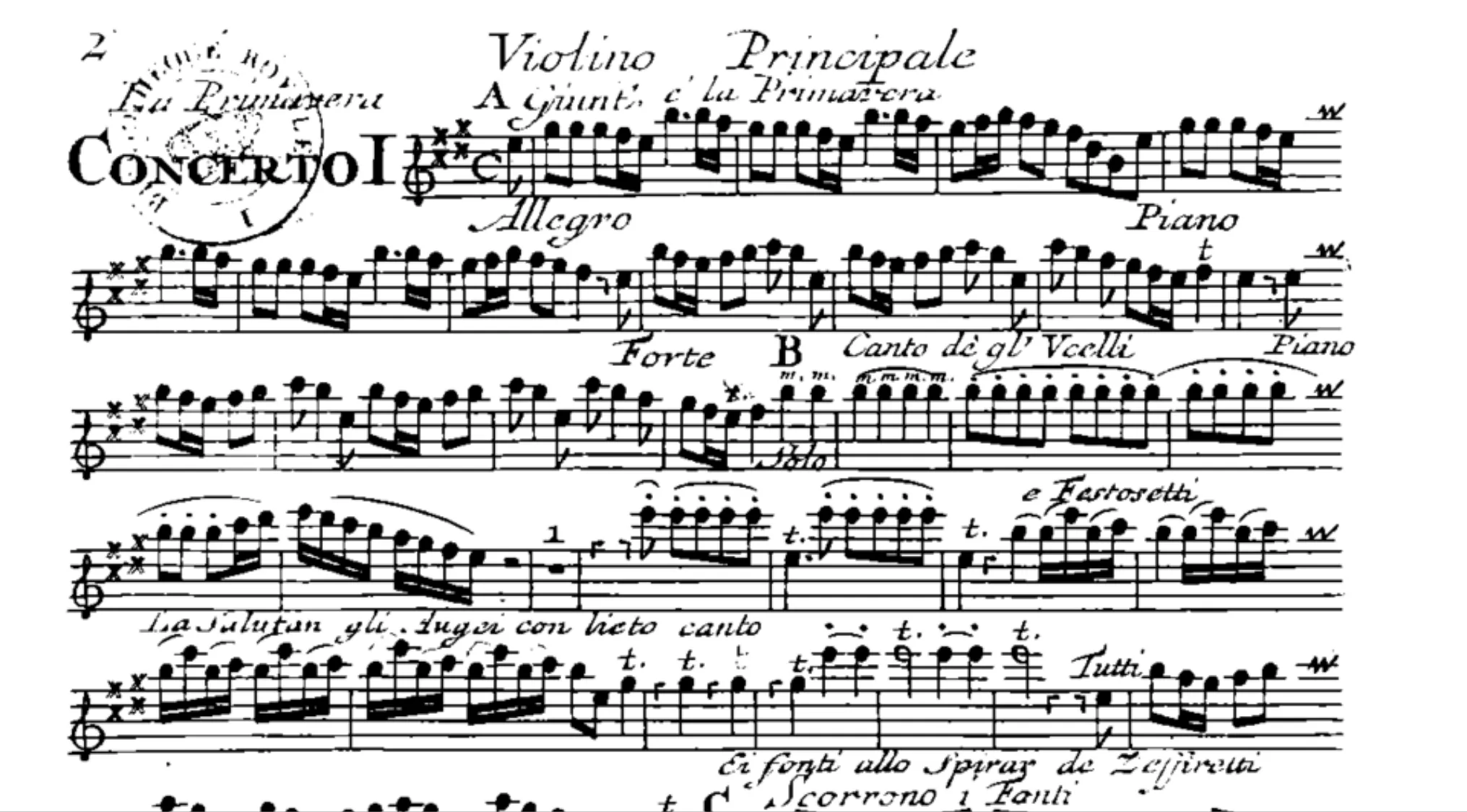 An antique sheet music excerpt from The Four Seasons, featuring handwritten notes and musical notation. Music questions and compositions.