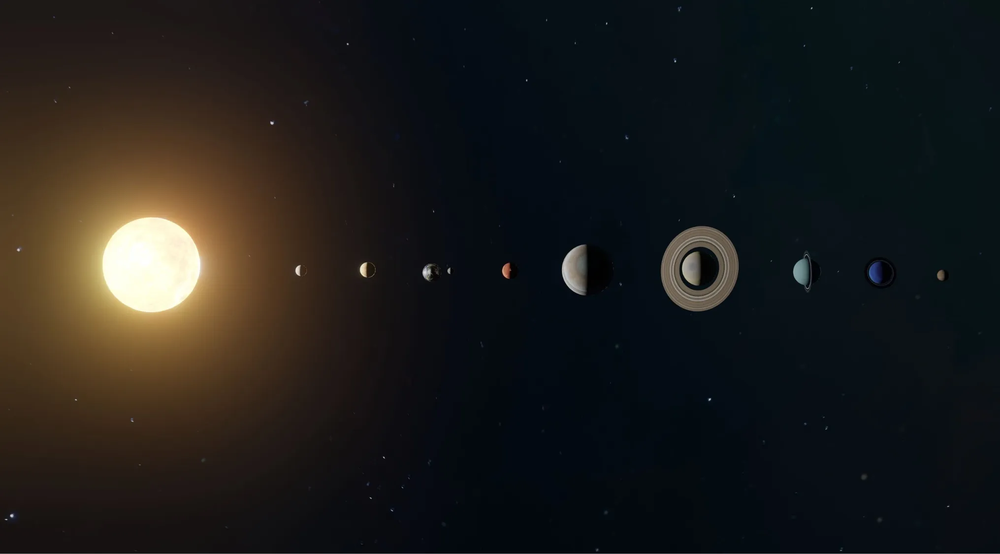 A visual representation of the solar system, with the sun and all eight planets. Science question: coldest planet.