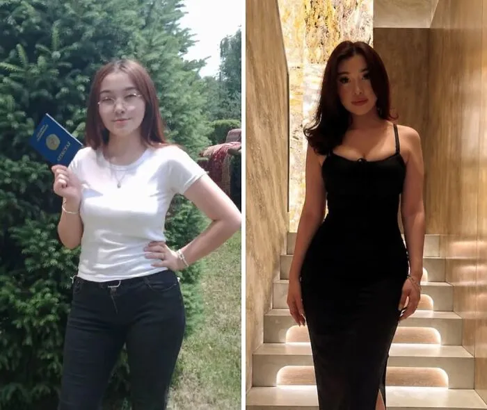 A striking ugly duckling transformation, showing a young girl with glasses and a passport evolving into an elegant woman, loving herself.