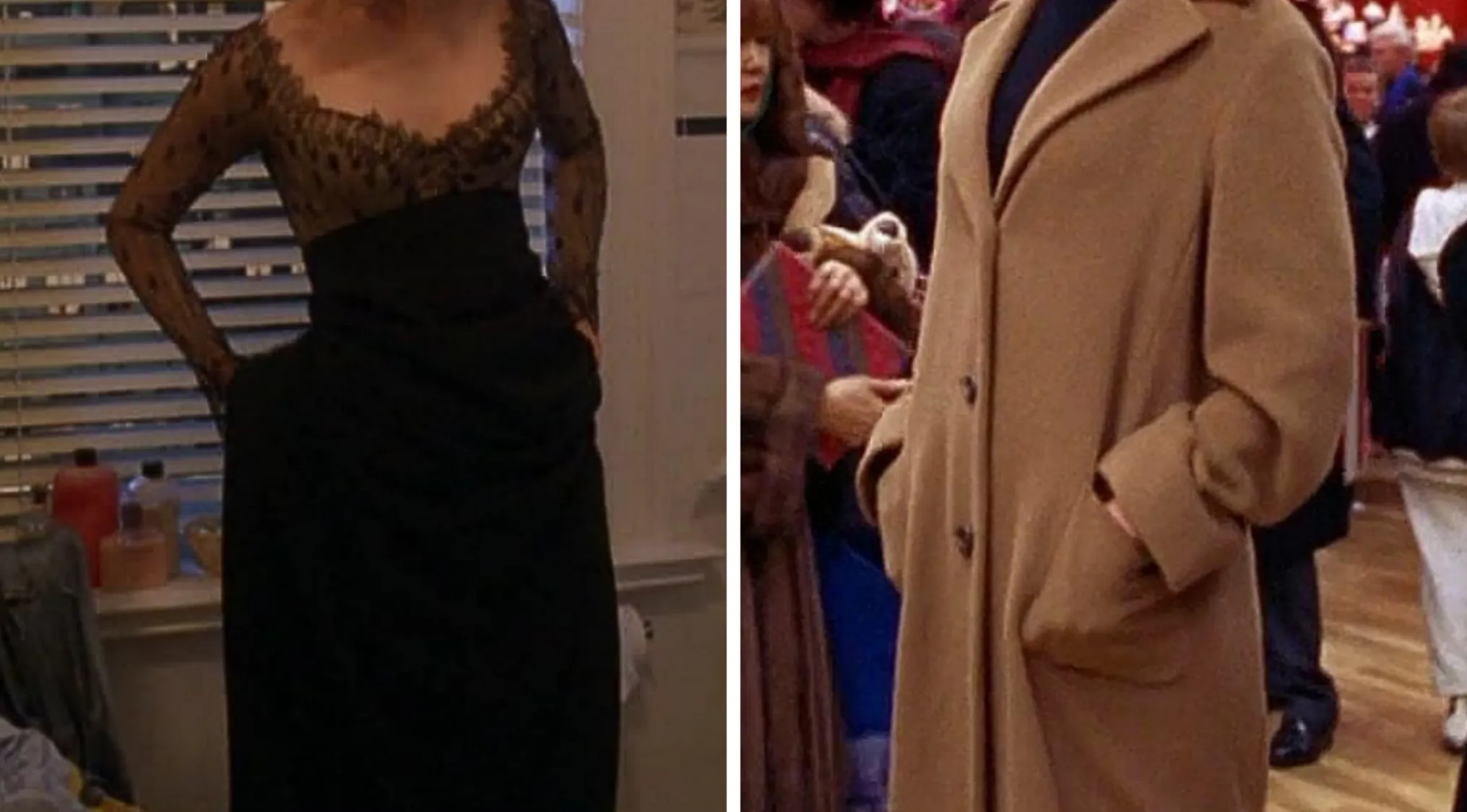 Two iconic movie outfits: a black and lace gown on the left, and a long camel coat on the right.