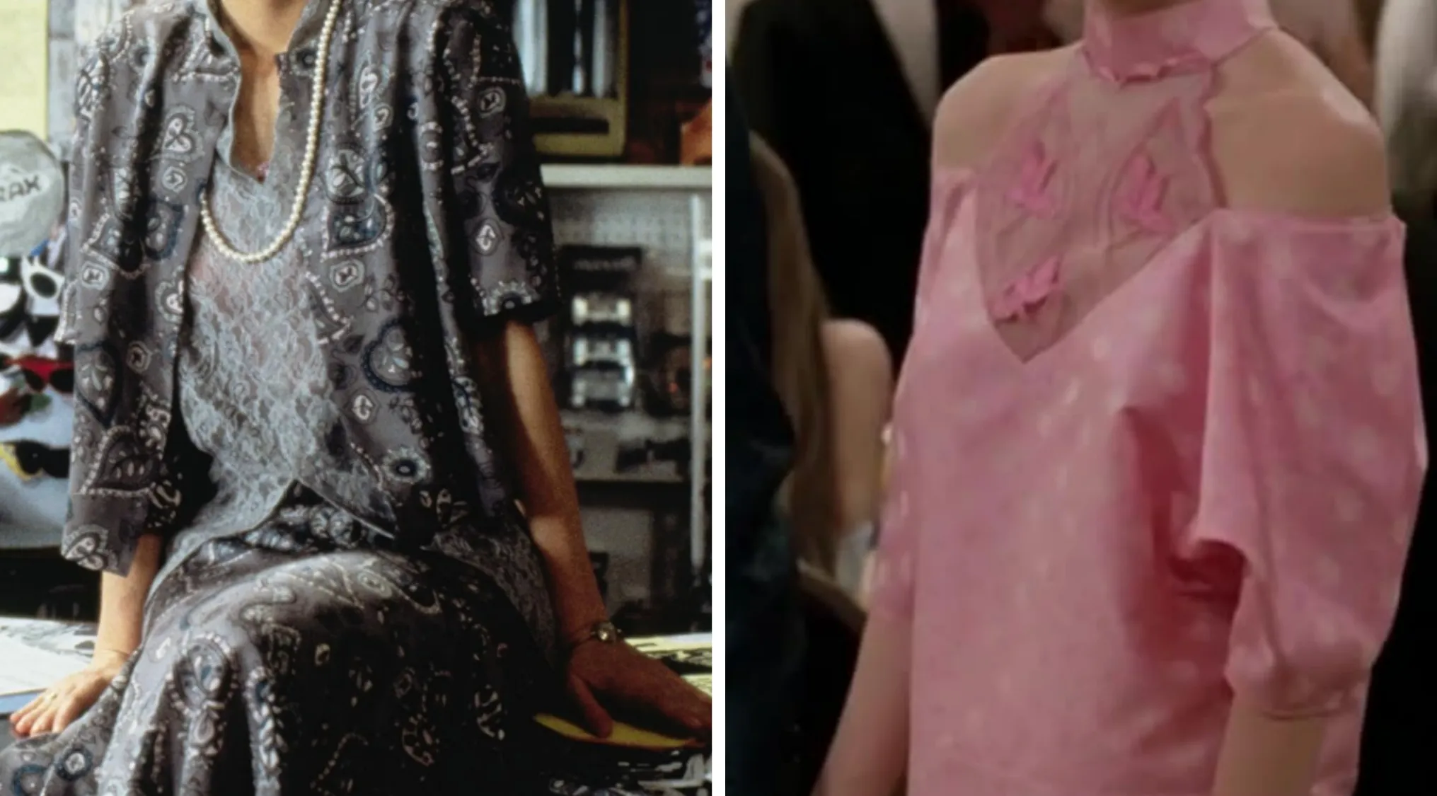 Two distinct movie outfits: a patterned gray dress with pearls, and a pink off-the-shoulder dress with butterfly details.