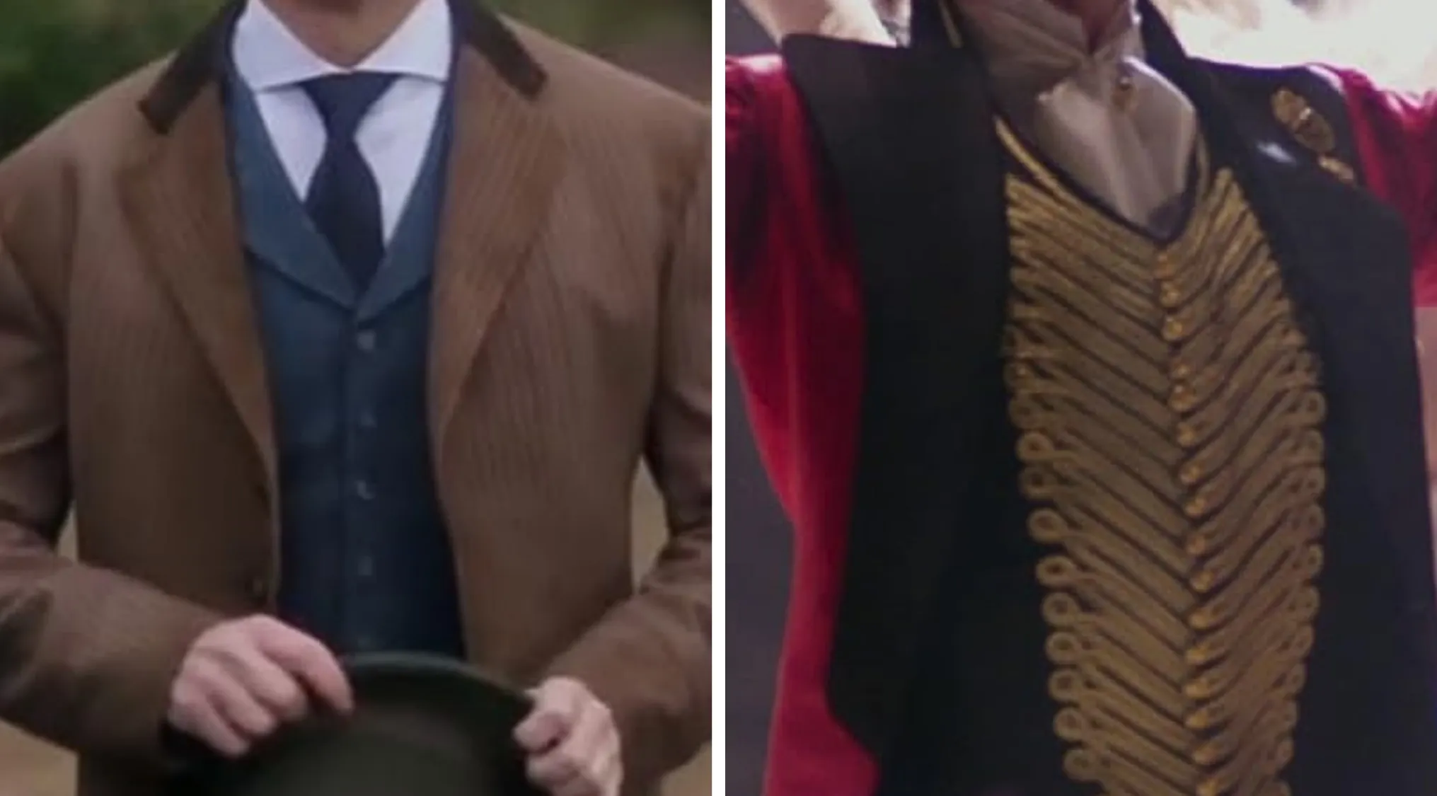 Movie outfits: A man in a brown suit and a blue vest, and another in a red and black ringmaster jacket.