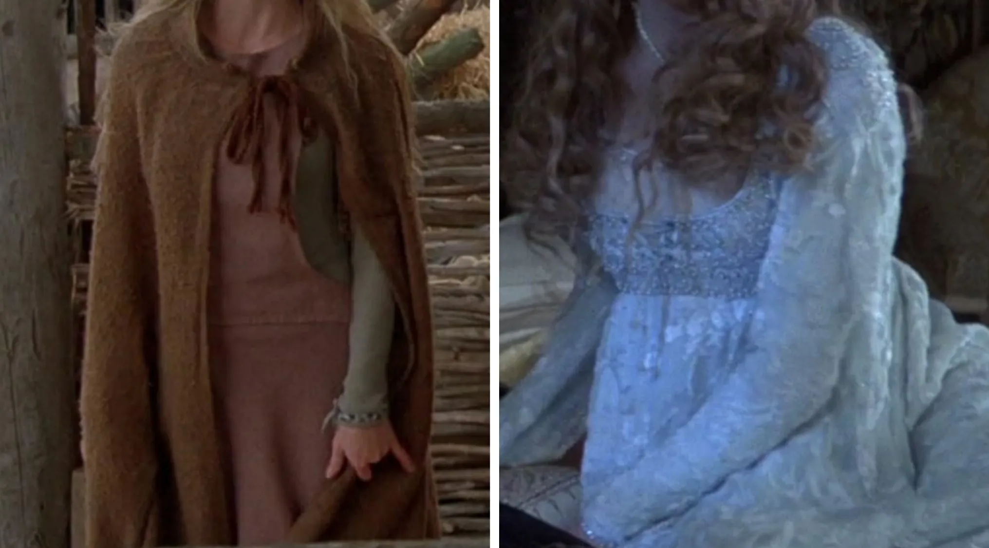Movie outfits: A woman in a brown cloak over a pink dress, and another in a white medieval gown.