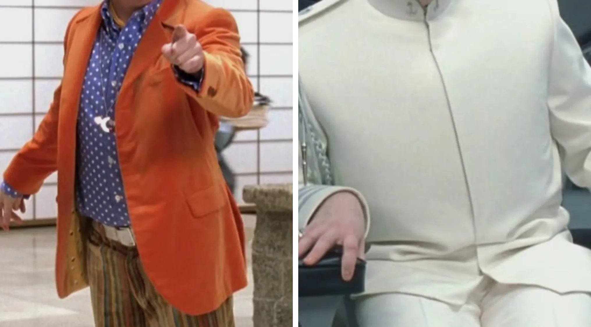 Movie outfits: A man in an orange jacket and patterned shirt, and another in a cream-colored uniform.