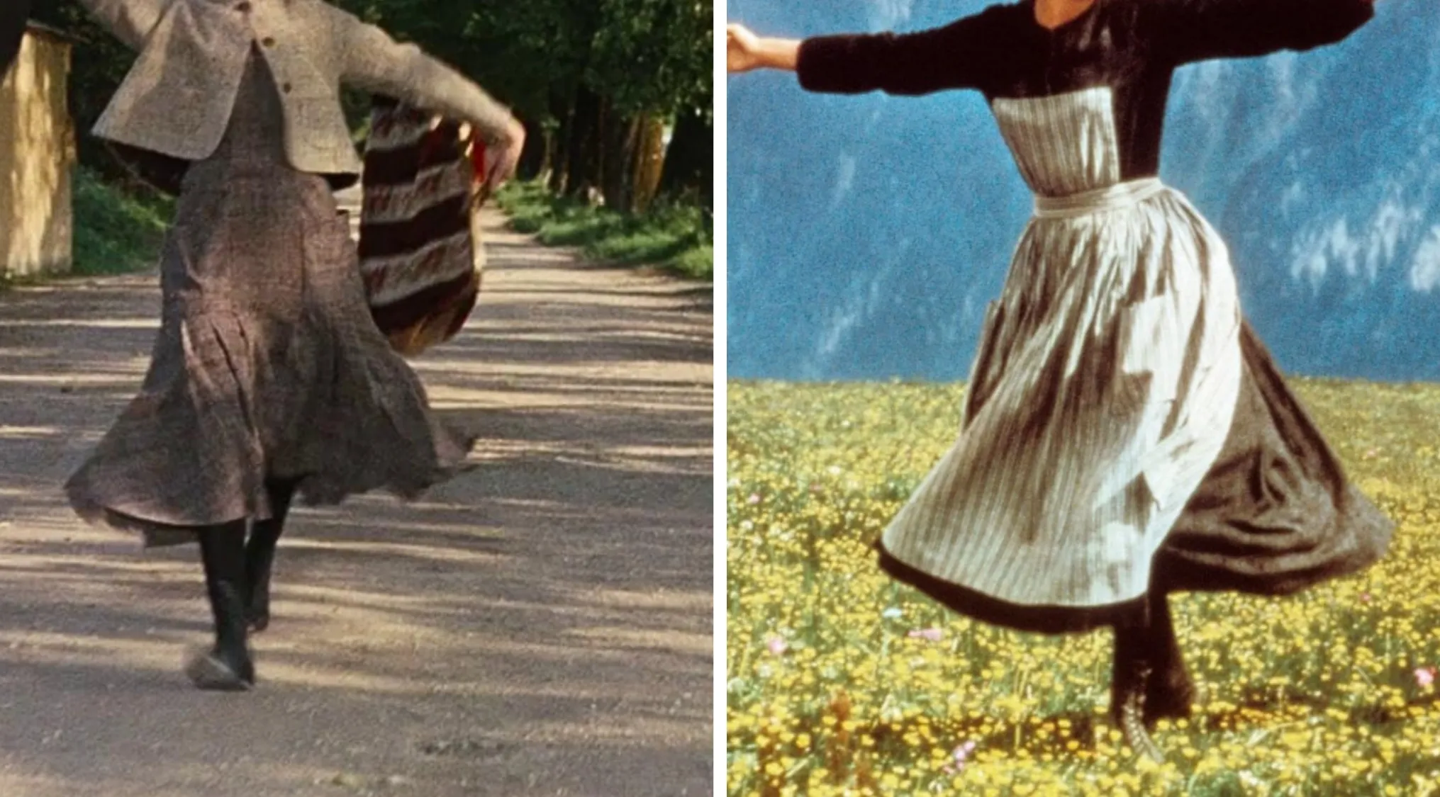 Movie outfits featuring a woman in a dress and jacket, dancing in a field and on a dirt road.