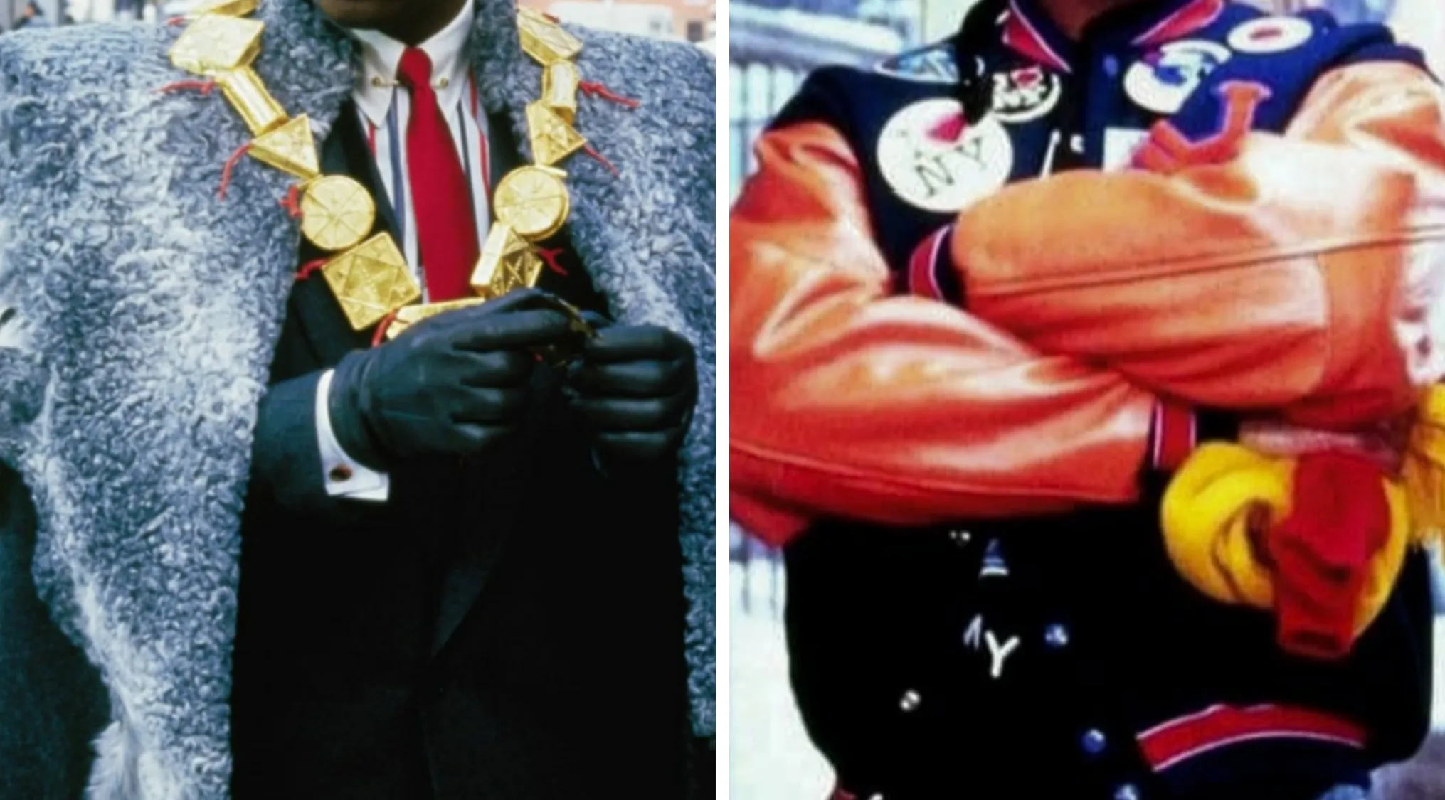 Two movie outfits, one with a fur coat and gold chain, the other a varsity jacket.