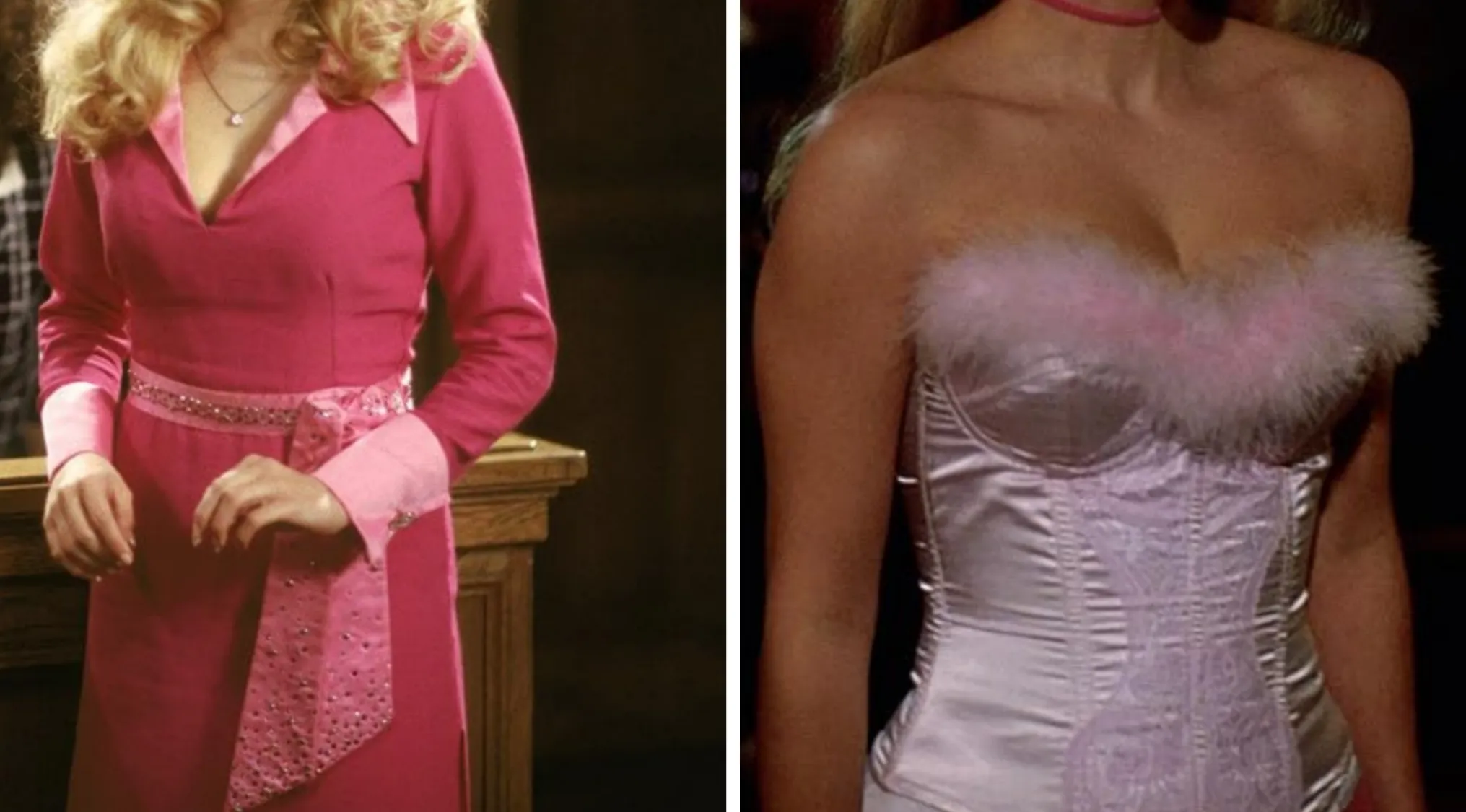 Movie outfits part 5: two iconic movie outfits, one a pink dress and the other a pink corset.