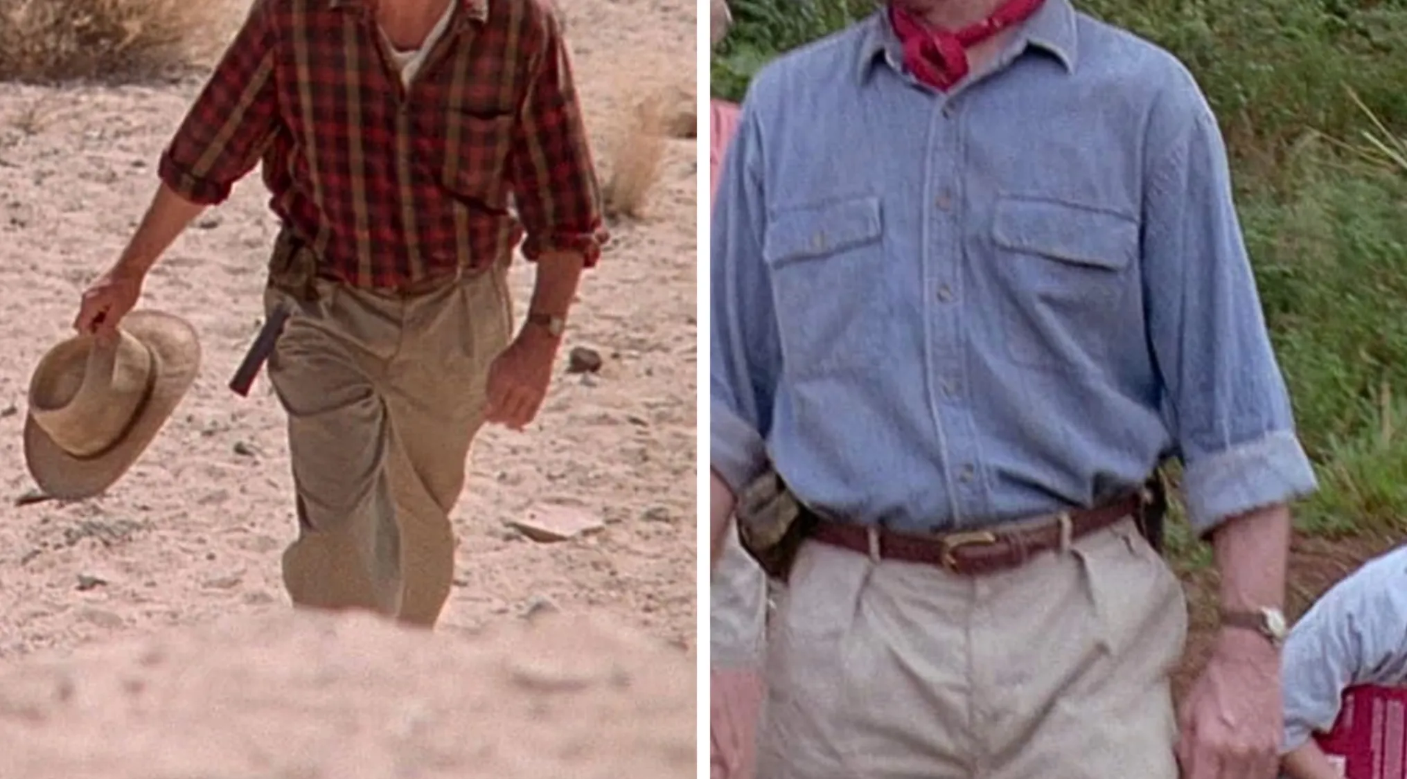 Movie outfits part 5: two movie outfits, one a plaid shirt and khakis, and the other a denim shirt and khakis.