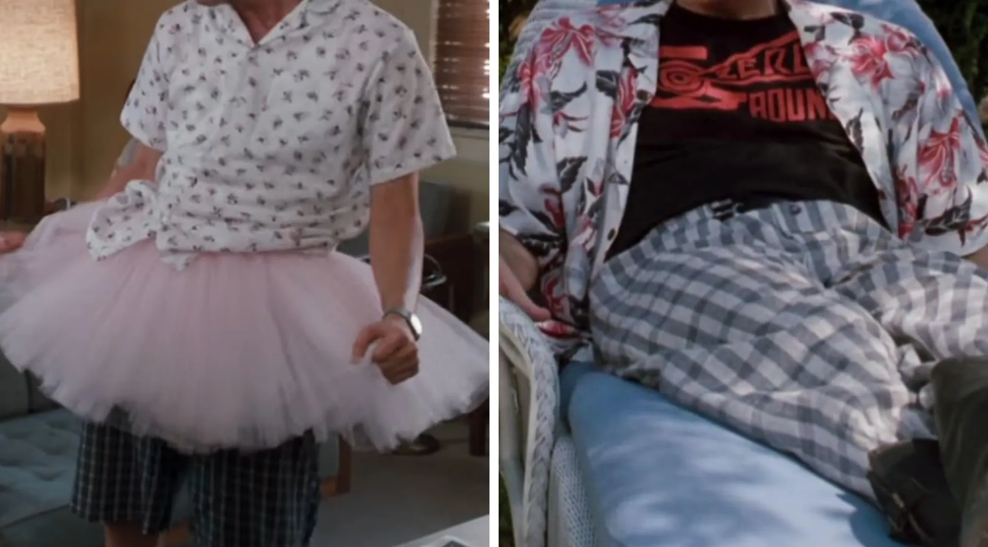 Movie outfits part 5: two movie outfits, one a white shirt with a pink tutu, the other a floral shirt and plaid pants.