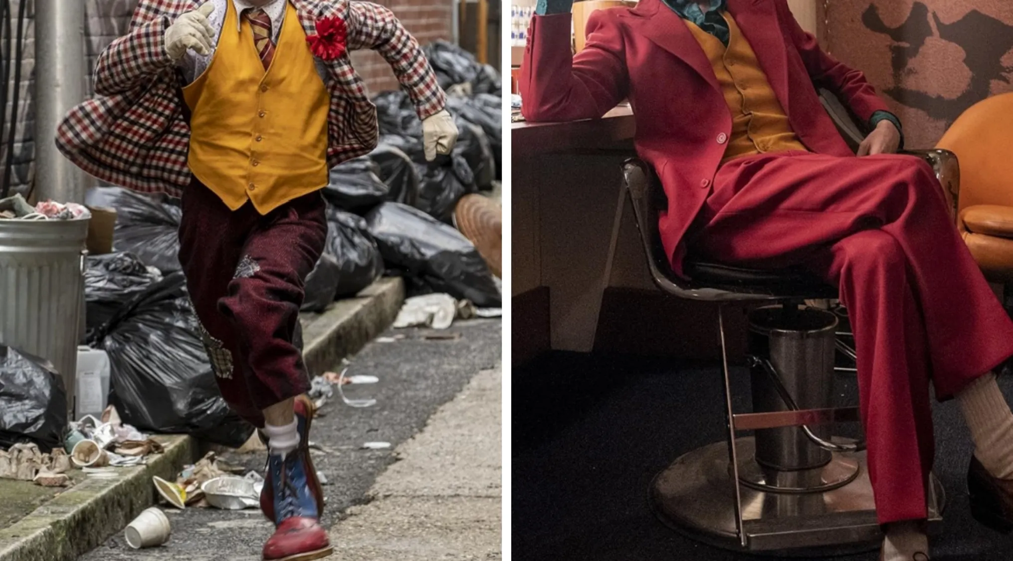 The left image shows a character in movie outfits running down a trash-filled alley. The right image shows a character in movie outfits sitting in a chair.