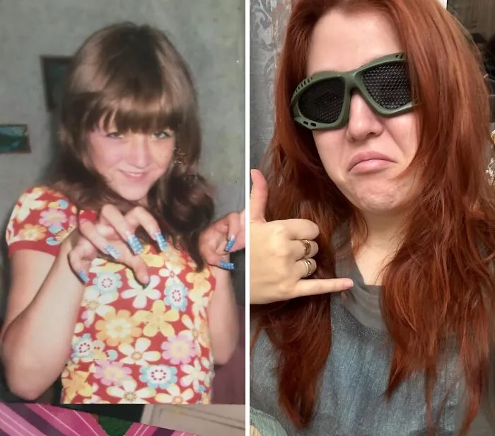 Ugly Ducklings transformation: Before and after photo of a young girl with long nails and a woman with red hair and glasses.