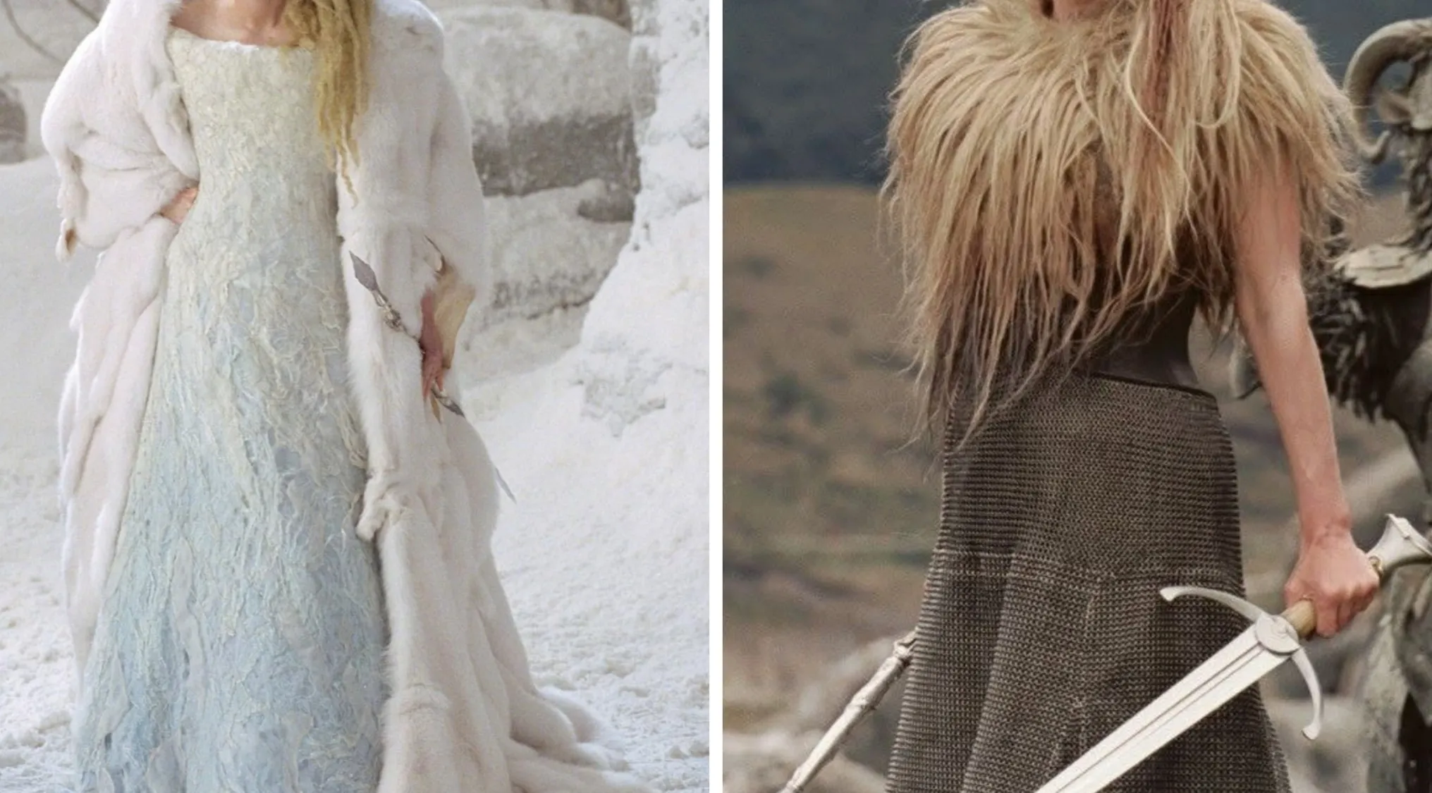 Two distinct movie outfits: a white fur gown and a warrior costume with a sword.
