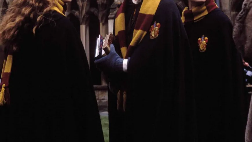 Students wearing black robes and striped scarves, part of iconic Movie Outfits, holding books.