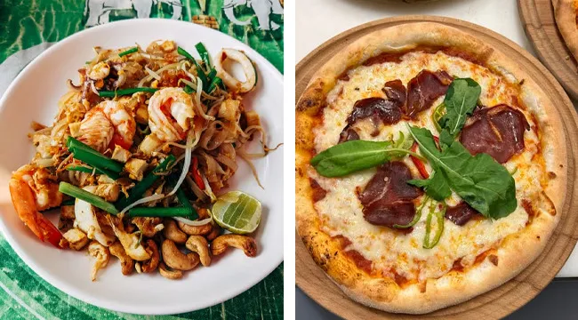 Delicious Thai pad see ew with shrimp and a cheesy Italian pizza, an overthinker's difficult decision.