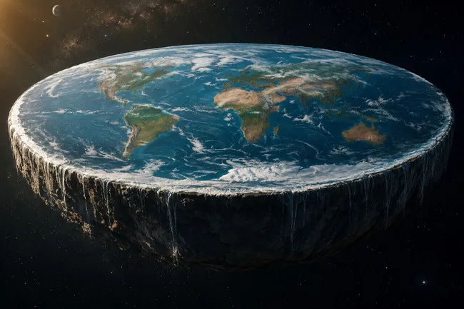 A fantastical depiction of the Earth as a flat disk, with continents, oceans, and waterfalls at its edge.