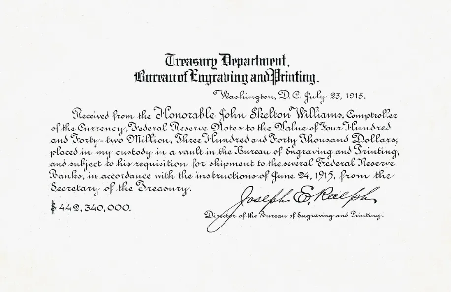 A Promissory Note document from the Treasury Department, Bureau of Engraving and Printing, dated July 23, 1915, acknowledging a receipt of $442,340,000.