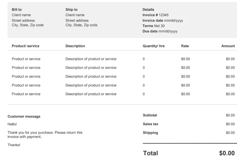 A digital invoice for services rendered with bill to, ship to, and details. This is not a Promissory Note.