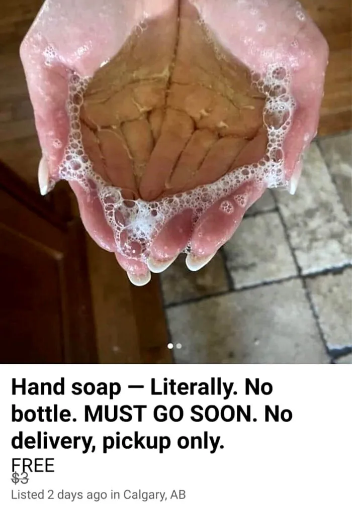 Hands cupped together holding soapy water, advertised as Hand soap - Literally. No bottle, an unhinged marketplace listing.