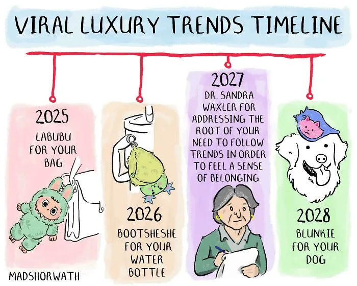 An illustration of viral luxury trends timeline, highlighting the insulting consumerism and price difference.
