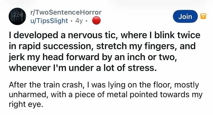 Short spine-chilling story of nervous tic after a train crash