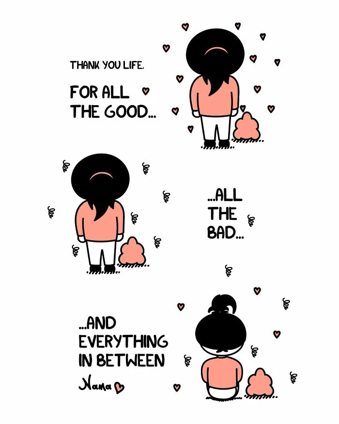 Go Nana's World comic: a character showing gratitude for life's ups and downs, relatable struggles.