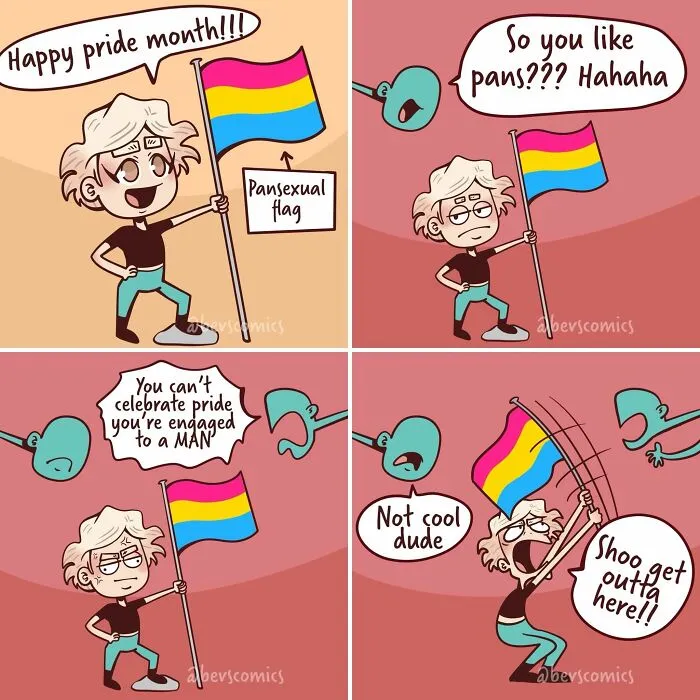 A comic by Krysten Bevilaqua shows a character celebrating Pride Month with a Pansexual flag, facing dismissive comments.