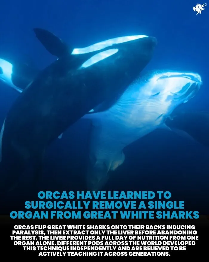 Orcas surgically remove liver from great white sharks for nutrition and teach technique across generations